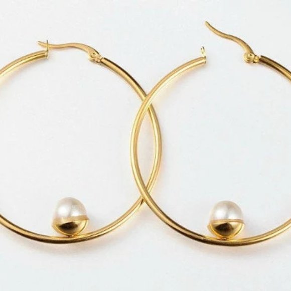 Single Pearl Hoops Pierced Stud Earrings Gold Vintage 50mm - Picture 2 of 6